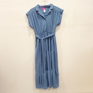 Mia Rose Blue Belted Tiered Midi Dress Belted Collared Button Front Medium